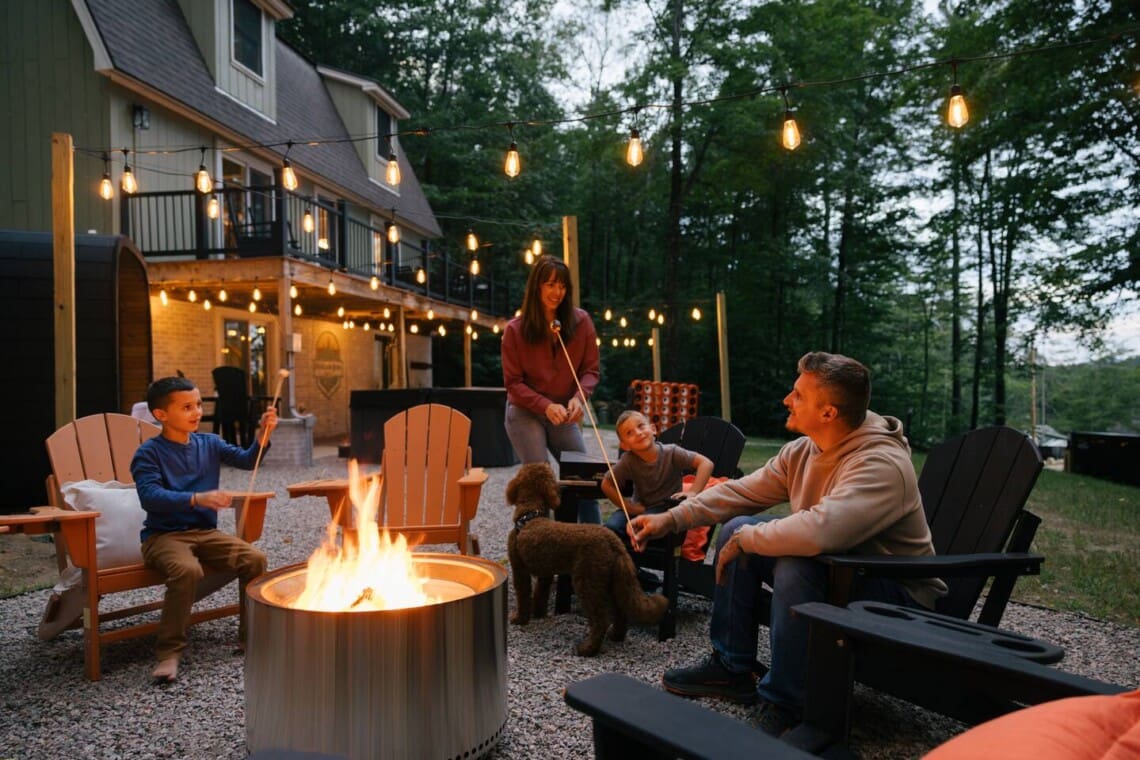 Family roasting marshmallows at fire pit with Adirondack chairs and string lights at Peak and Pine Retreat