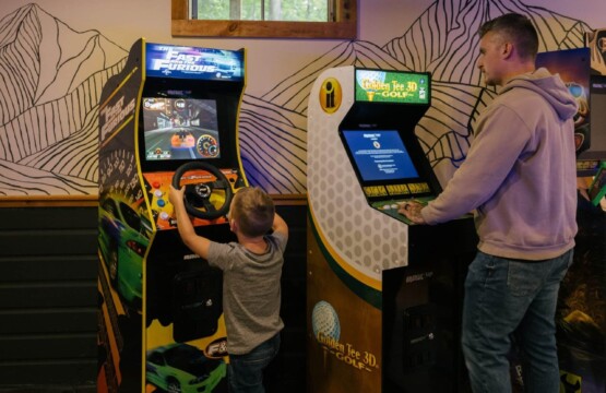 Father and child playing arcade games in the game room